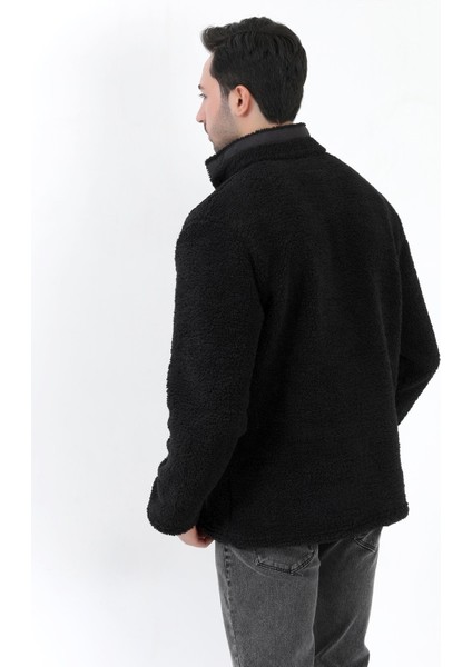 Erkek Peluş Sweatshirt Siyah Yarım Fermuarlı Dik Yaka Nakış Detaylı - 9012 fırsatları