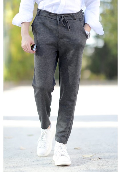 Erkek Kumaş Jogger Pantolon Antrasit Beli Lastikli Kordonlu %100 Pamuk - 0101