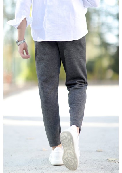 Erkek Kumaş Jogger Pantolon Antrasit Beli Lastikli Kordonlu %100 Pamuk - 0101
