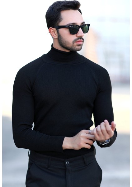Erkek Balıkçı Yaka Örgü Kazak Siyah %100 Mikro Flament Triko - 1012