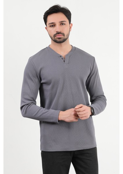 Erkek V Yaka Düğme Detaylı Dokulu Sweatshirt Antrasit - 5524