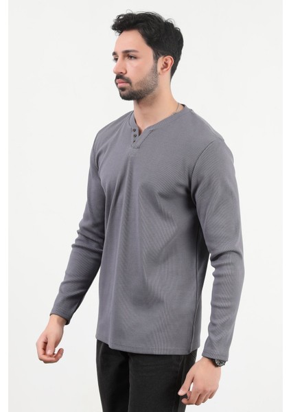Erkek V Yaka Düğme Detaylı Dokulu Sweatshirt Antrasit - 5524 modelleri