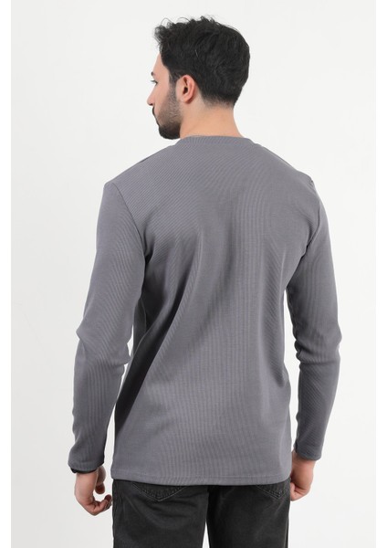 Erkek V Yaka Düğme Detaylı Dokulu Sweatshirt Antrasit - 5524 fırsatları