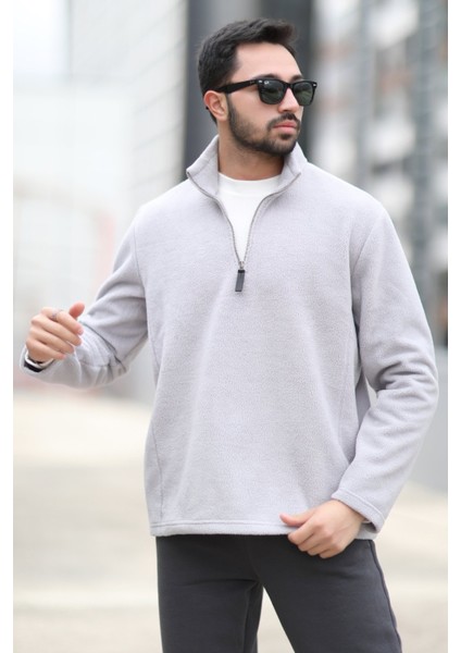 Erkek Kışlık Polarlı Sweatshirt Gri Yarım Fermuarlı Dik Yaka Boğazlı - 6053