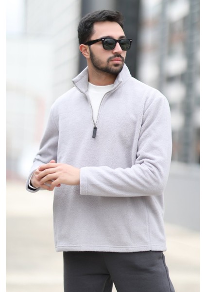 Erkek Kışlık Polarlı Sweatshirt Gri Yarım Fermuarlı Dik Yaka Boğazlı - 6053