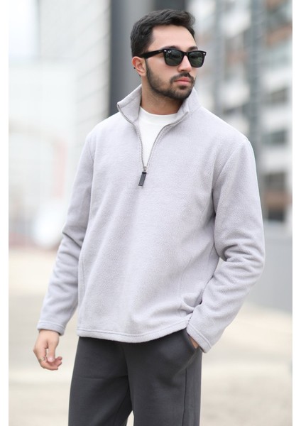 Erkek Kışlık Polarlı Sweatshirt Gri Yarım Fermuarlı Dik Yaka Boğazlı - 6053