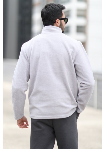 Erkek Kışlık Polarlı Sweatshirt Gri Yarım Fermuarlı Dik Yaka Boğazlı - 6053