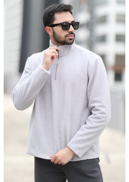 Erkek Kışlık Polarlı Sweatshirt Gri Yarım Fermuarlı Dik Yaka Boğazlı - 6053
