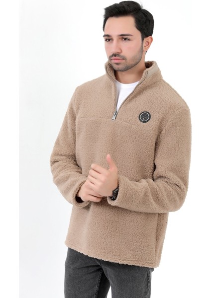 Erkek Peluş Sweatshirt Bej Yarım Fermuarlı Dik Yaka Nakış Detaylı - 9012