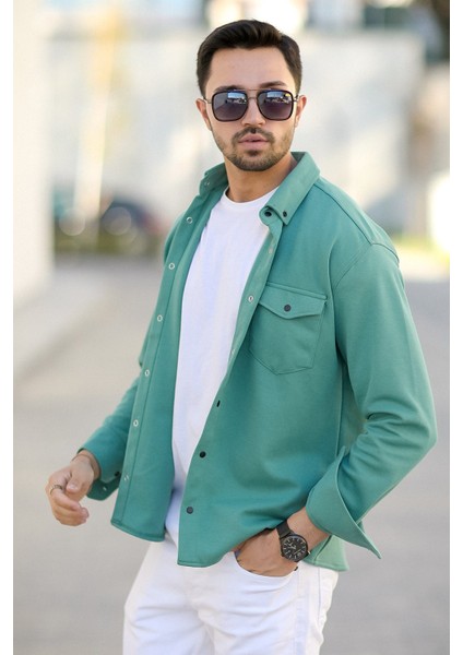 Erkek Çift Cep Örme Gömlek Yeşil Pamuk Karışımlı Çıtçıt Düğme Detaylı - 16805