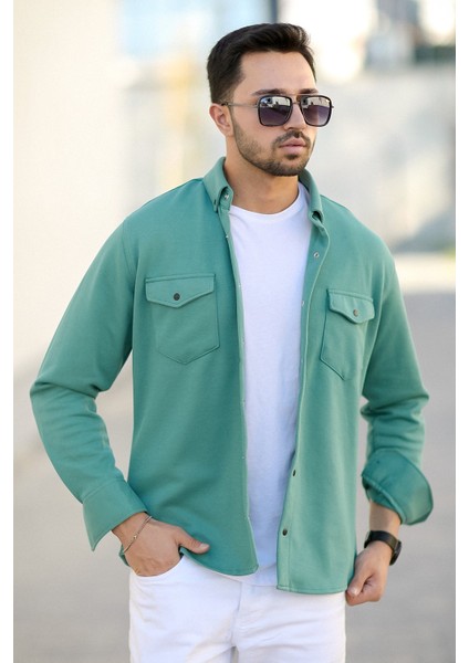 Erkek Çift Cep Örme Gömlek Yeşil Pamuk Karışımlı Çıtçıt Düğme Detaylı - 16805 fiyatları