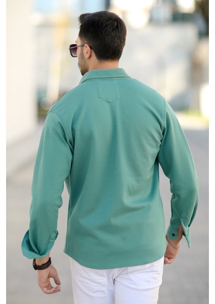 Erkek Çift Cep Örme Gömlek Yeşil Pamuk Karışımlı Çıtçıt Düğme Detaylı - 16805 modelleri