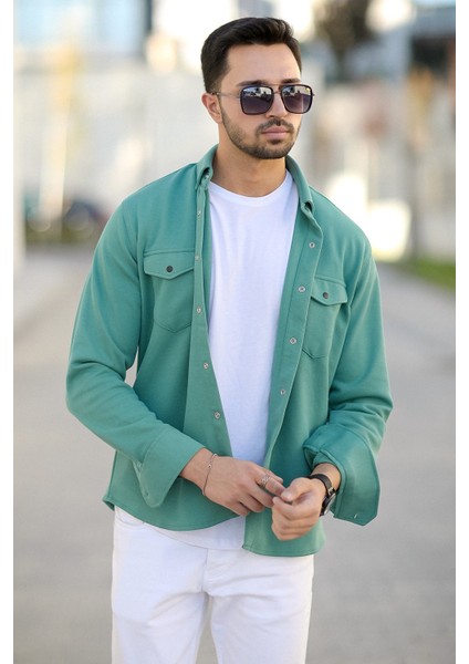 Erkek Çift Cep Örme Gömlek Yeşil Pamuk Karışımlı Çıtçıt Düğme Detaylı - 16805 fırsatları