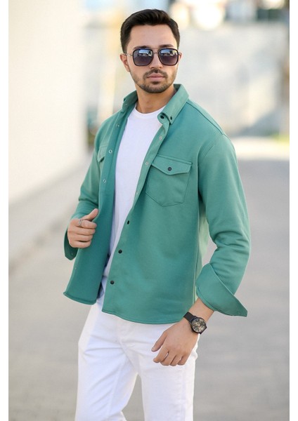 Erkek Çift Cep Örme Gömlek Yeşil Pamuk Karışımlı Çıtçıt Düğme Detaylı - 16805 indirimleri
