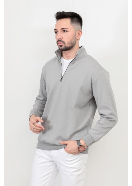 Erkek Dik Yaka Yarım Fermuarlı Dokulu Sweatshirt Açık Gri - 5470