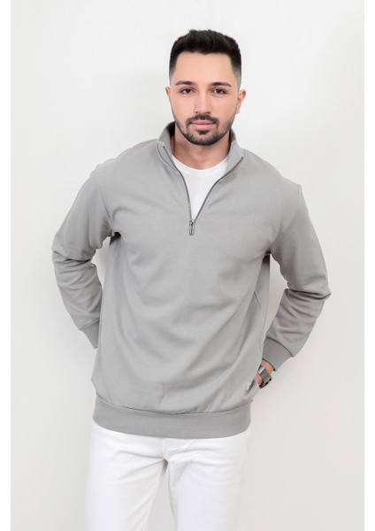 Erkek Dik Yaka Yarım Fermuarlı Dokulu Sweatshirt Açık Gri - 5470 fiyatları
