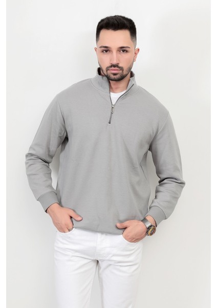 Erkek Dik Yaka Yarım Fermuarlı Dokulu Sweatshirt Açık Gri - 5470 fırsatları