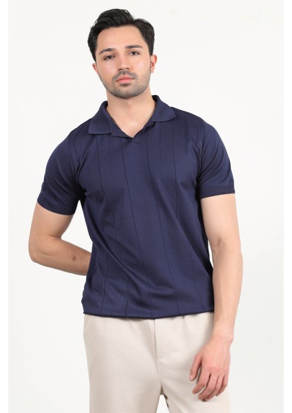 Erkek Polo Yaka Kısa Kol Çizgili Triko T-Shirt Lacivert - 2503