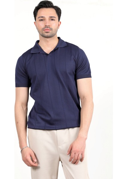 Erkek Polo Yaka Kısa Kol Çizgili Triko T-Shirt Lacivert - 2503