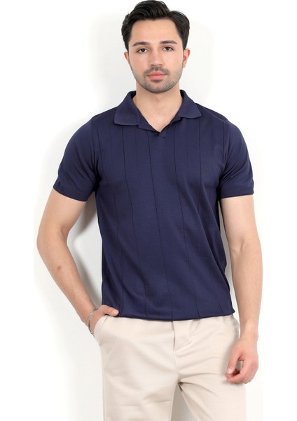 Erkek Polo Yaka Kısa Kol Çizgili Triko T-Shirt Lacivert - 2503