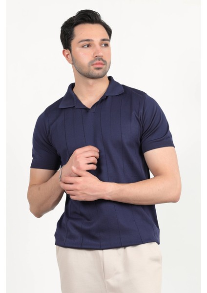 Erkek Polo Yaka Kısa Kol Çizgili Triko T-Shirt Lacivert - 2503