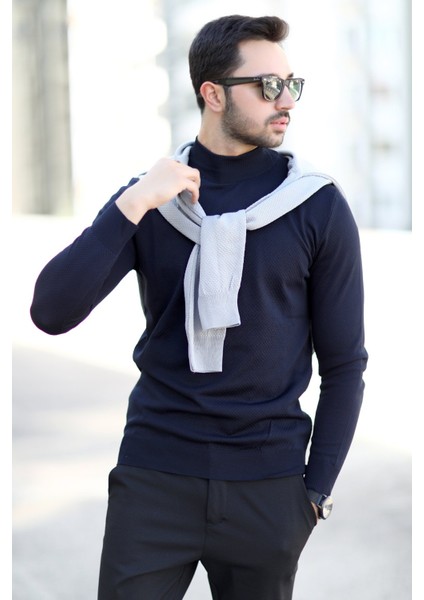 Erkek Yarım Balıkçı Yaka Kazak Lacivert Pirinç Örgü %100 Mikro Flament Triko - 1045