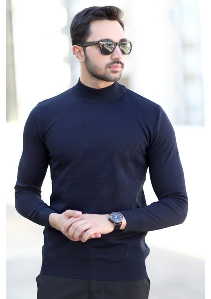 Erkek Yarım Balıkçı Yaka Kazak Lacivert Pirinç Örgü %100 Mikro Flament Triko - 1045 fiyatları