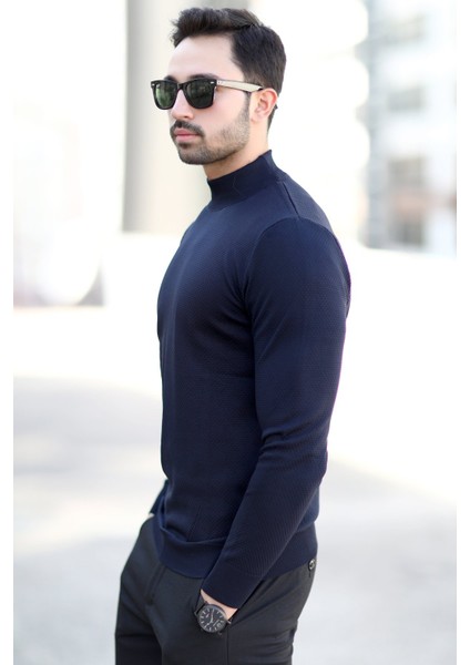 Erkek Yarım Balıkçı Yaka Kazak Lacivert Pirinç Örgü %100 Mikro Flament Triko - 1045 modelleri