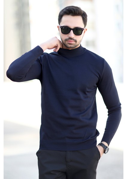 Erkek Yarım Balıkçı Yaka Kazak Lacivert Pirinç Örgü %100 Mikro Flament Triko - 1045 fırsatları