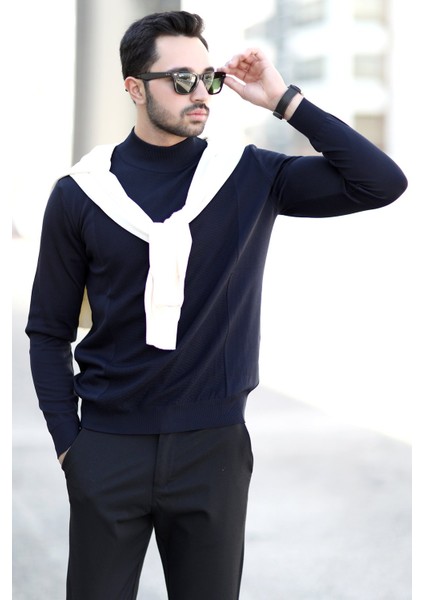 Erkek Yarım Balıkçı Yaka Kazak Lacivert Pirinç Örgü %100 Mikro Flament Ribanalı - 1047