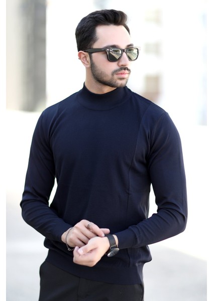 Erkek Yarım Balıkçı Yaka Kazak Lacivert Pirinç Örgü %100 Mikro Flament Ribanalı - 1047 fiyatları