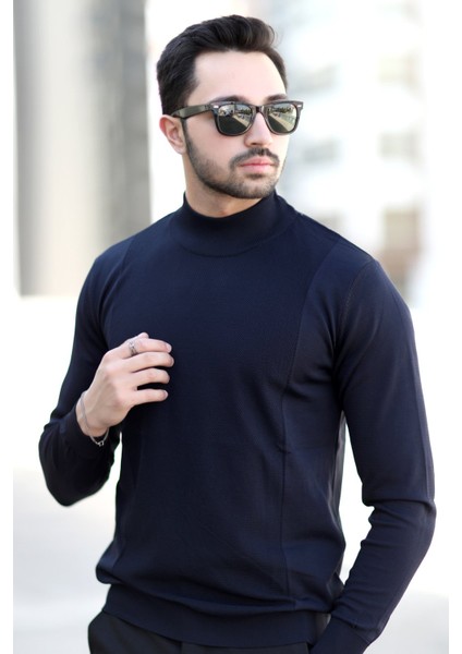 Erkek Yarım Balıkçı Yaka Kazak Lacivert Pirinç Örgü %100 Mikro Flament Ribanalı - 1047 modelleri