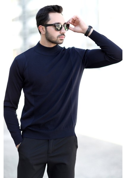 Erkek Yarım Balıkçı Yaka Kazak Lacivert Pirinç Örgü %100 Mikro Flament Ribanalı - 1047 fırsatları