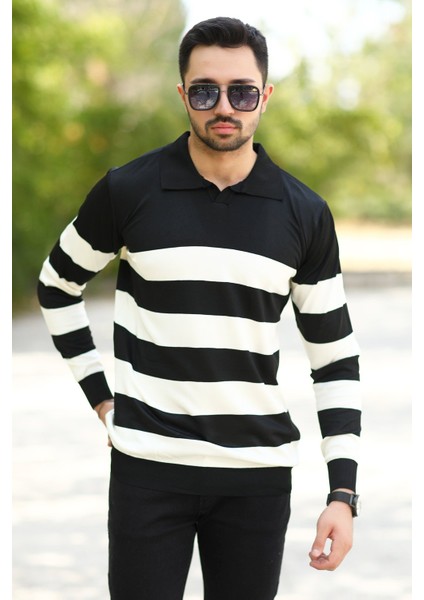 Erkek Polo Yaka Sweatshirt Siyah-Beyaz Çizgili Triko %100 Flament Örme Ribanalı - 1420
