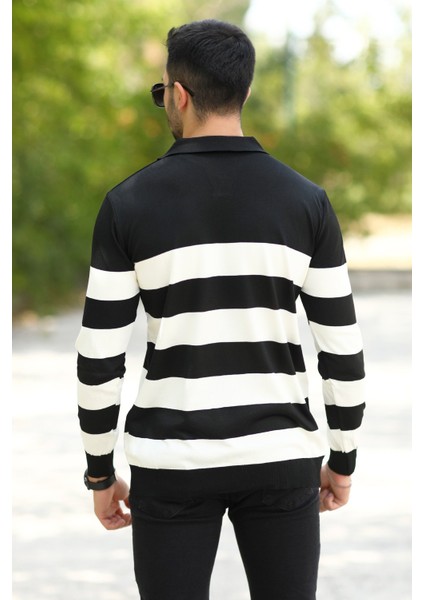 Erkek Polo Yaka Sweatshirt Siyah-Beyaz Çizgili Triko %100 Flament Örme Ribanalı - 1420