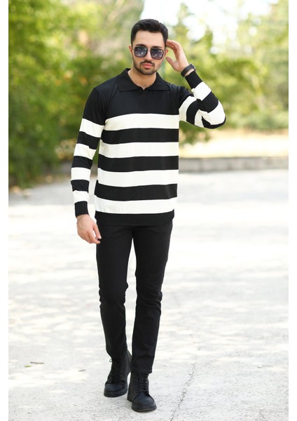 Erkek Polo Yaka Sweatshirt Siyah-Beyaz Çizgili Triko %100 Flament Örme Ribanalı - 1420