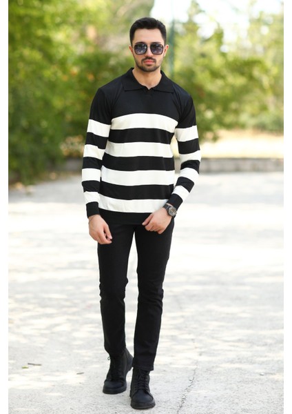 Erkek Polo Yaka Sweatshirt Siyah-Beyaz Çizgili Triko %100 Flament Örme Ribanalı - 1420