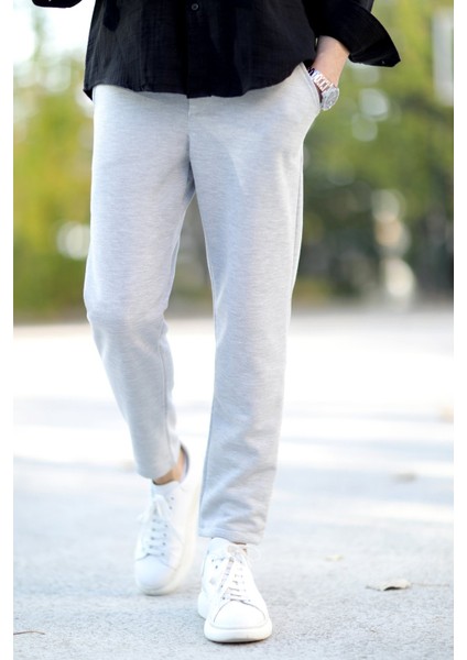 Erkek Kumaş Jogger Pantolon Gri Beli Lastikli Kordonlu %100 Pamuk - 0101