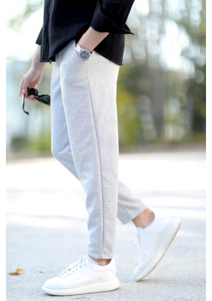 Erkek Kumaş Jogger Pantolon Gri Beli Lastikli Kordonlu %100 Pamuk - 0101