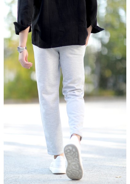 Erkek Kumaş Jogger Pantolon Gri Beli Lastikli Kordonlu %100 Pamuk - 0101