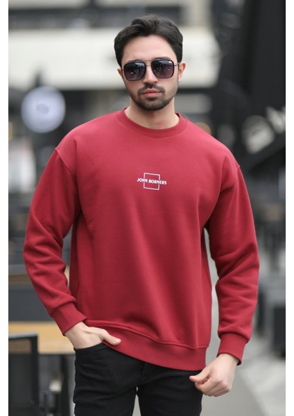 Erkek Bisiklet Yaka Marka Baskılı Üç Iplik Şardonlu Sweatshirt Bordo - 5255-1