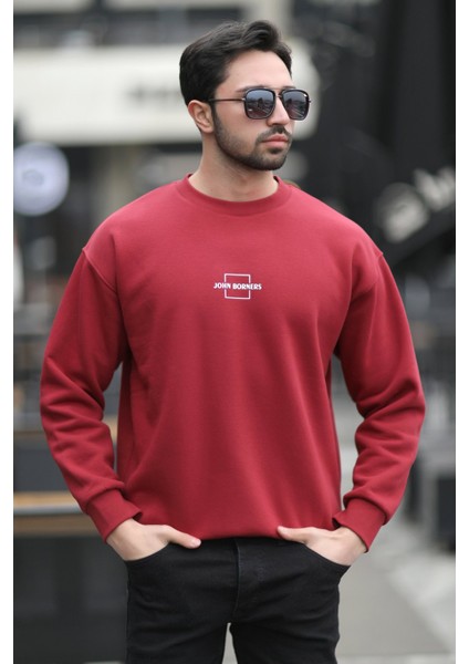 Erkek Bisiklet Yaka Marka Baskılı Üç Iplik Şardonlu Sweatshirt Bordo - 5255-1 fiyatları