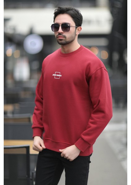 Erkek Bisiklet Yaka Marka Baskılı Üç Iplik Şardonlu Sweatshirt Bordo - 5255-1 modelleri