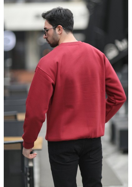 Erkek Bisiklet Yaka Marka Baskılı Üç Iplik Şardonlu Sweatshirt Bordo - 5255-1 fırsatları