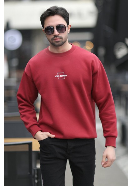 Erkek Bisiklet Yaka Marka Baskılı Üç Iplik Şardonlu Sweatshirt Bordo - 5255-1 indirimleri