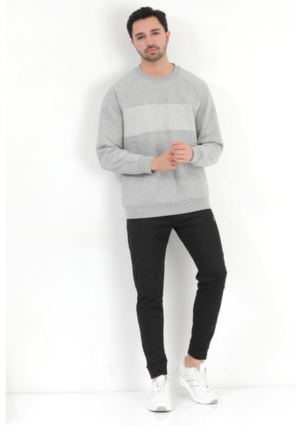 Erkek Gri Melanj Bisiklet Yaka Jakarlı 3ip Sweatshirt - 5783