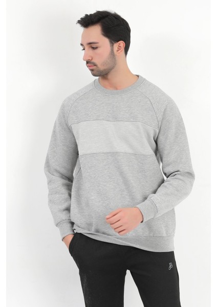 Erkek Gri Melanj Bisiklet Yaka Jakarlı 3ip Sweatshirt - 5783 fiyatları