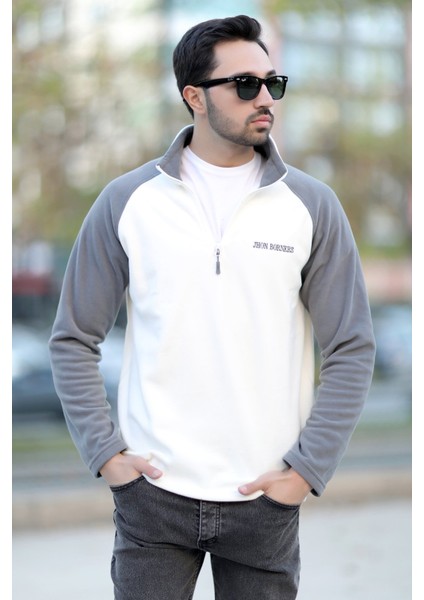 Erkek Dik Yaka Polar Beyaz Gri Garnili Yarım Fermuar Nakışlı - 6055 fiyatları