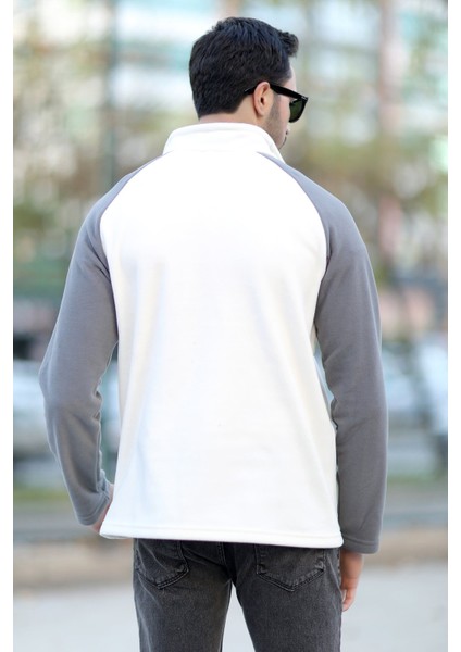 Erkek Dik Yaka Polar Beyaz Gri Garnili Yarım Fermuar Nakışlı - 6055 fırsatları