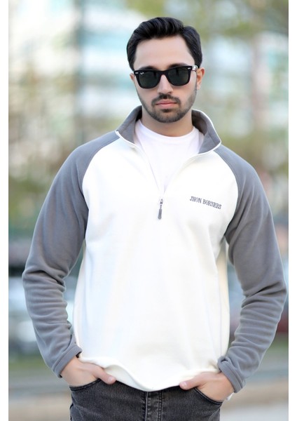 Erkek Dik Yaka Polar Beyaz Gri Garnili Yarım Fermuar Nakışlı - 6055 indirimleri